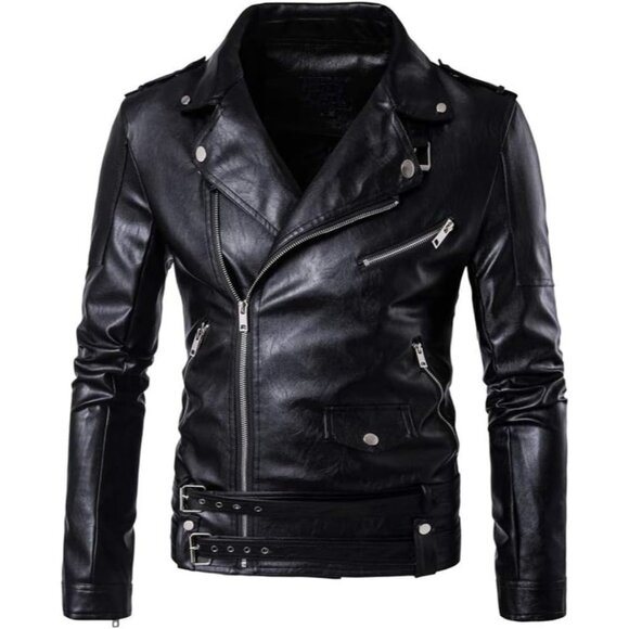 Men Black PU Leather Belted Motorcycle Jacket Zipper Biker Coat - Picture 1 of 6